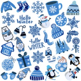 32 Pieces Winter Iron on Patches Snowman Snowflakes Sew on Embroidered Applique Repair Patch DIY Crafts Festive Gifts for Clothing Hat Shirt Bag Jeans DIY Decorations