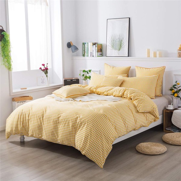 FADFAY Yellow Plaid Duvet Cover Set Twin XL 100% Cotton Soft Grid Bedding Reversible Gingham Checker Bedding with Zipper Closure 3Pcs, 1Duvet Cover & 2Pillowcases,Twin Extra Long Size for Dorm Room