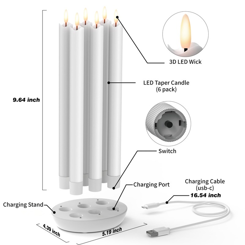 Patiphan Rechargeable Flameless Taper Candles with Charging Station, 6 Pcs