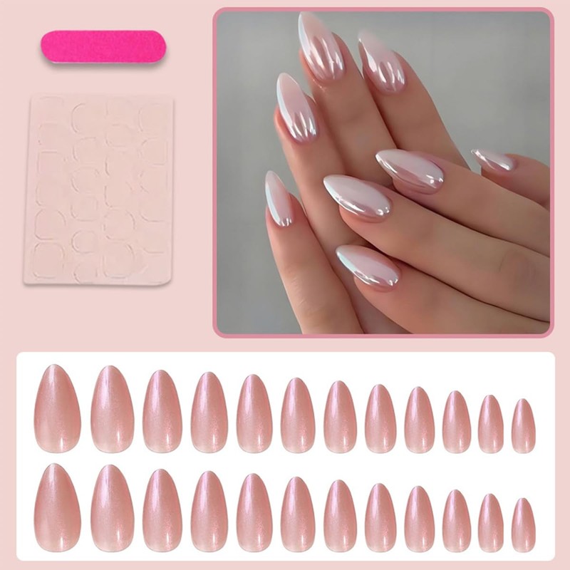 Almond Press on Nails Pink Chrome Fake Nails Glossy Pearl