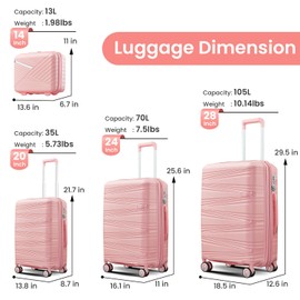 Campfun Luggage 4 Piece Sets, Expandable Carry On Luggage Set Hardshell PP, Suitcase Set with Double Spinner Wheels, Checked Durable Lightweight with TSA Lock, 14in 20in 24in 28in-Pink(C)