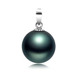 Schmuckwilli Pearl Pendant for Women and Girls - with Green Black Round Beads - Elegant Pendant with Shell Pearls MK Beads for Any Occasion - Pearl Pendant Clip for Women, Shell, Pearl