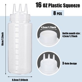 Dingion 8 Pcs 3 Hole Squeeze Bottles 16 oz Plastic Condiment Squeeze Bottles Salad Dressing Container for Ketchup Mustard Seasoning Squeezer for Bakery Kitchen Accessories