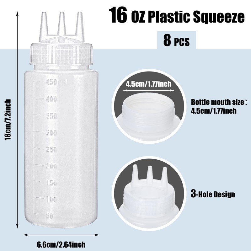 Dingion 8 Pcs 3 Hole Squeeze Bottles 16 oz Plastic