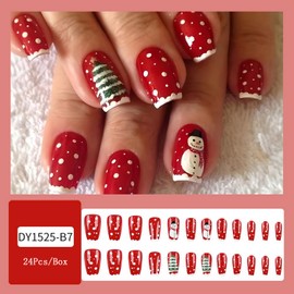 Christmas French Tip Press on Nails Short Square Shaped Fake Nails Winter Snowman Xmas Tree with Designs Glossy False Nails Full Cover Christmas Stick on Nails Acrylic Nails for Women Nail Art 24 Pcs
