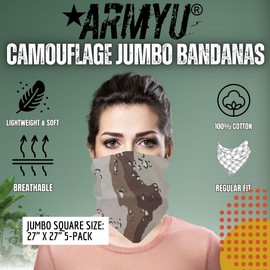 Army Universe Camouflage Jumbo Bandanas Cotton Military Headwraps 27" x 27", 5-Pack