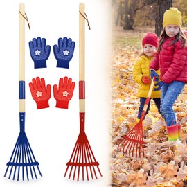 2 PCS 27" Metal Kids Leaves Rakes and 2 Pairs Kids Gloves,Small Kids Lawn Rakes with Wooden Handle,Garden Tool Set for Kids Boys and Girls