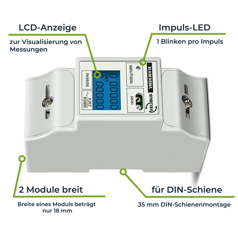 Velleman Stromzähler 1 Phase, 1 Phasen Stromzähler, digitaler Stromzähler Hutschiene,
