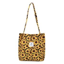 TeeYee Women's Handbag Corduroy Shopper Cord Tote Bag for Books Travel Everyday School Work Shopping Bag for Girls Sunflower