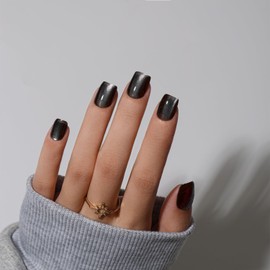 KQueenest Cat Eye Press On Nails Short Coffin, 30 Pcs Glitter Black Press On Nails Summer, Sparkly Fake Nails With Glue, Luxury Glass Nails Press ons, Reusable Soft Gel Stick on Nail for Women Gift