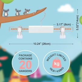 TOPIA HANGER Wooden Pants Hangers 20 Pack for Kids Baby Toddler Skirt Clothes with Swivel Hook and 2 Adjustable Non-Slip Clips for Pants Jeans Skirt Shirts Slacks Suit for Kids