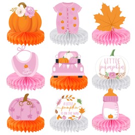 Dianelhall 9 Pcs Fall Honeycomb Centerpieces Little Pumpkin Party Table Decorations for Fall Thanksgiving Baby Shower Gender Reveal Autumn Harvest Birthday Party Supplies(Pink)