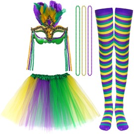Yolyoo 6pcs Mardi Gras Costume Accessory Set Tutu Skirt,Mardi Gras Mask,Mardi Gras Beads,Long Socks for Women Party Carnival Costume