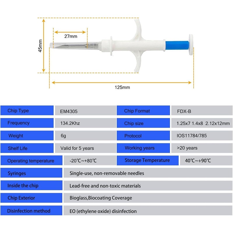 JZLHGOFYTD Animal Microchip EM4305 134.2KHz FDX-B ISO11784/11785 Universal Standard Pet