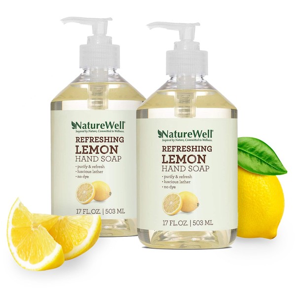 NATURE WELL Refreshing Lemon Liquid Hand Soap, 100% Vegan, Made with Essential Oils, No Dyes, No Harsh Cleansers, Pack of 2 (17 Fl Oz each)