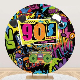 Renaiss 6x6ft Back to 90's Round Backdrop Covers It's Party Time Boombox Graffiti Circle Photography Background Music Festival Retro Dis-co Sock Hop Hip Hop Birthday Party Decor Photo Booth Props