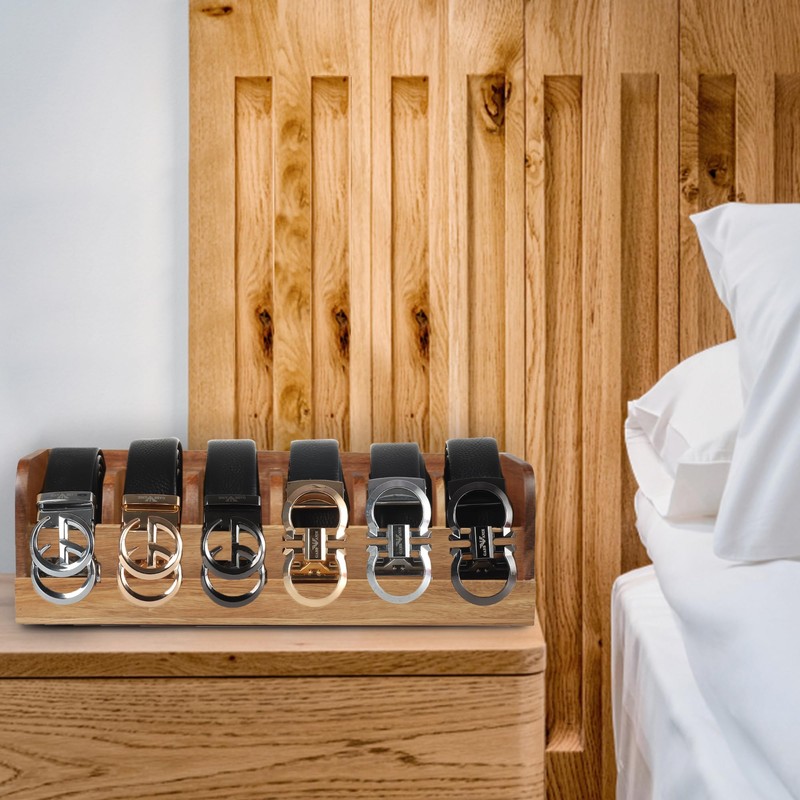 MinBoo Acacia Wood Belt Organizer Box,6 Grids Belt Rack for