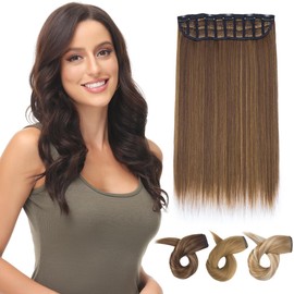 Yamel Clip in Hair Extensions One Piece 5 Clips Long 16 inch Medium Brown mix Dark Blonde Straight Synthetic Hairpieces 3/4 Full Head Clip in Hair Extension