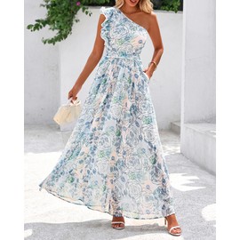 BTFBM Women Summer One Shoulder Floral Wedding Guest Dresses Sleeveless Smocked Ruffle Flowy Beach Vacation Maxi Dress(Floral Light Blue, Large)
