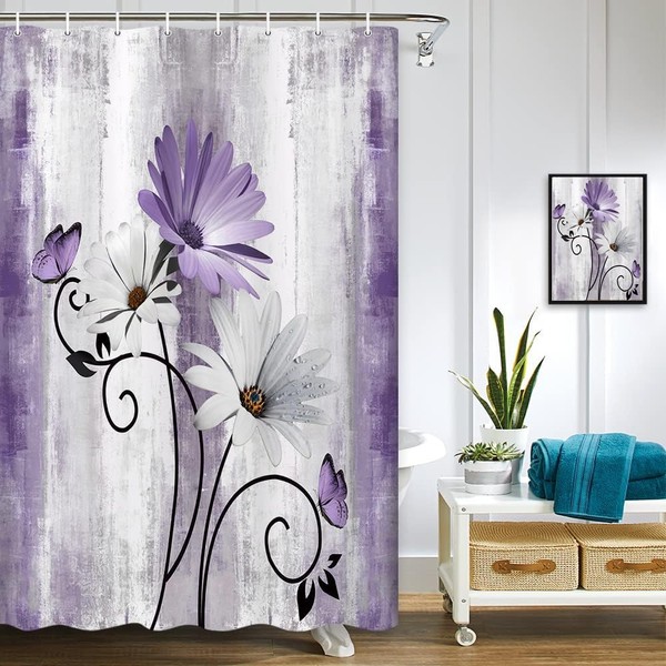 VeiVian VeiVian Rustic Farmhouse Shower Curtain, Farm Purple Daisy Floral