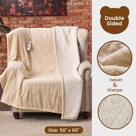 Bearhug Electric Throw Blanket 50" x 60", Reversible Velvet & Sherpa Heated Throw Beige, 6 Heating Levels & 4H Auto Off, Over-Heat Protect, ETL Certification, Machine Washable