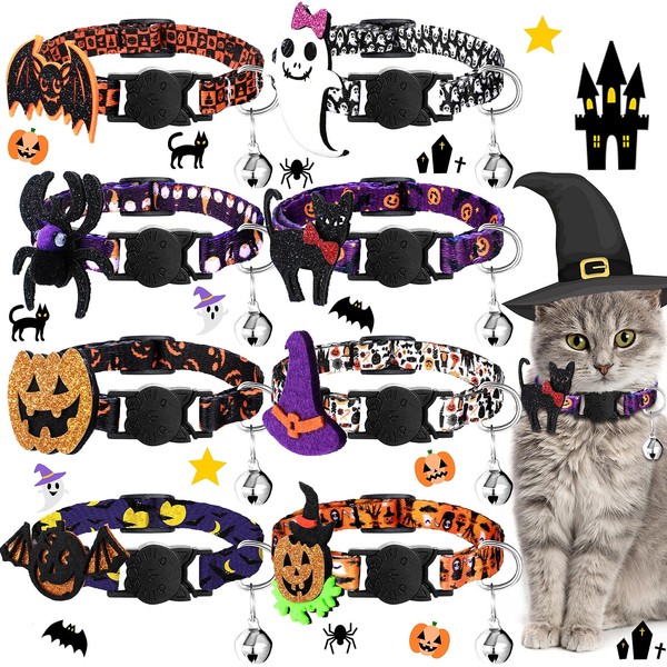 8 Pieces Halloween Breakaway Cat Collar with Bell Adjustable Cat Collar with Removable Pumpkin Bat Ghost Witch Hat Spider Black Cat Charm Halloween Pet Collar Accessories for Cat Halloween Party