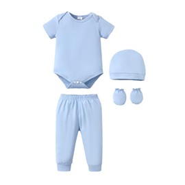 NZRVAWS Newborn Baby Boy Clothes Layette Essentials Infant Short Sleeve Romper Pants Hat 4 Pack Outfits Set Spring Summer 0-3 Months Blue