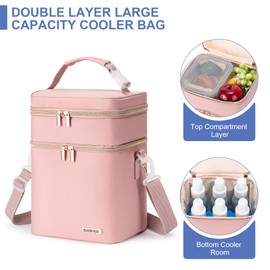 BABEYER Breastmilk Cooler Bag with Ice Pack, Fits 6 Baby Bottles Up to 9 Oz, Baby Bottle Cooler Bag, Double Layer Leakproof with Should Strap for Daycare Moms On The Go, Pink