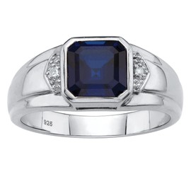 Men's Platinum over Sterling Silver Simulated Blue Sapphire and Diamond Accent Ring Size 8