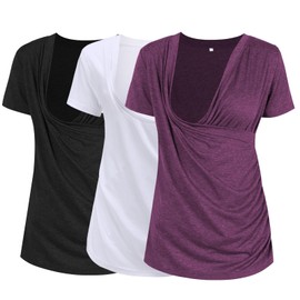 Liu & Qu Women's Maternity Nursing Tops, Layered Wrap for Breastfeeding, V-Neck Short Sleeve Tee Shirts 3 Packs