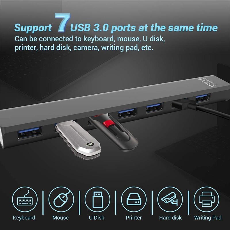 Multi USB 3.0 Hub 7-Port High Speed 5Gbps Slim Compact