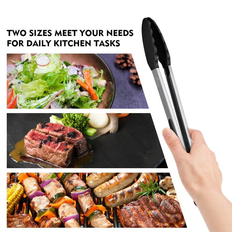 HOTEC Premium Stainless Steel Locking Kitchen Tongs with Silicon Tips,