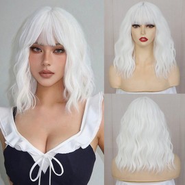 noxozoqm Short Bob Wigs with Bangs for Women White Loose Wavy Wig Curly Wavy Shoulder Length Bob Synthetic Cosplay Wig for Girl Colorful Costume Wigs