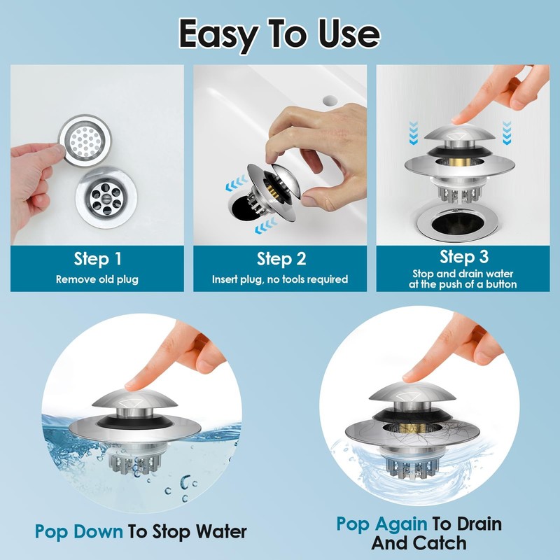 Bathtub Drain Stopper, gliship Upgraded Pop Up Tub Drain Hair