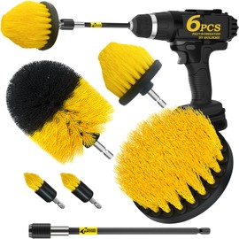 Holikme 6Pack Drill Brush ，Extended Long Attachment Set All Purpose for Bathroom Surfaces, Grout, Floor, Tub, Shower, Tile, Kitchen and Car，Corner,Masonry Brushes，Yellow