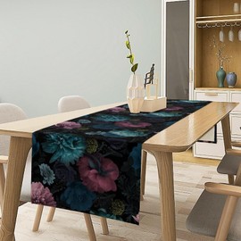 JanJCurt Blue Pink Flowers Table Runner, Boho Rose Flower Blossom Rustic Vintage Garden Peonies Spring Table Runner for Home Kitchen Dining Table Indoor Outdoor Party, 13x36inch