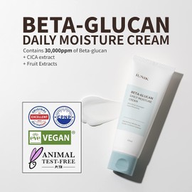 IUNIK Beta-Glucan Vegan Lightweight Non-Sticky Deep Moisture Watery Cream - Daily Moisturizer Quick Absorption Dry Mature Sensitive Fine lines Skin Naturally-Derived Korean Skincare (60ml)