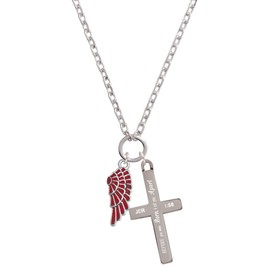 Delight Jewelry Silvertone Medium Translucent Red Angel Wing I Set You Apart Engraved Cross Zoey Necklace, 28"