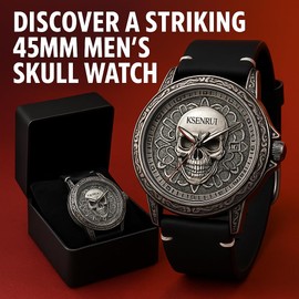Men’s Skull Watch – Bold 45mm Dial, Intricate Skull Design, Quartz Movement, Leather Strap, 30M Water Resistant, Rugged Alloy Case, Edgy Gothic Style – Gift-Ready in Black Presentation Box