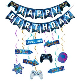 13 Pcs Gaming Birthday Decorations, Gaming Party Decorations For Kids Boys Gamer Birthday Party Ceiling Window Door Decors Hanging Whirls Streamers (Blue)