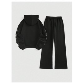 GORGLITTER Women's Y2k Graphic Sweat Suit 2 Piece Track Suit Oversized Hoodie and Wide Leg Sweatpants Set Black Large