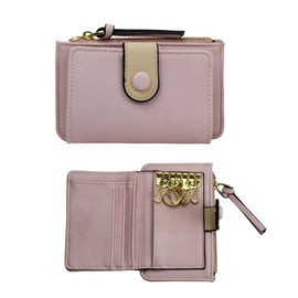 FuninCrea Womens Wallet PU Leather Key Wallet with Hanging Buckle Hooks, Slim Wallet Compact Card Holder Wallet with 5 Card Slots and Coin Zipper Pocket for Organizational Cards Keys Coin (Pink)