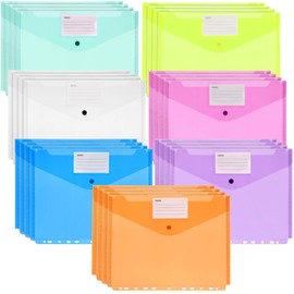 FAAING Pack of 28 A4 Document Wallets for Filing, 7 Colours Document Folder, A4 Transparent Pocket with Perforation, Plastic Folder for Documents Organising with Press Stud and Label Pocket