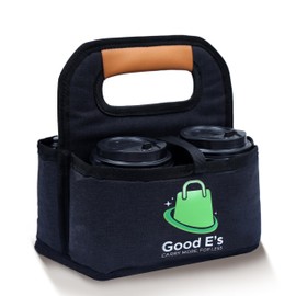 Good E’s 4 Cup Reusable Coffee Cup Carrier for Delivery, Insulated, Waterproof, Portable Tote Bag Drink Holder with Leather Handle Organizer for Cold/Hot Beverages (16oz to 24oz,Black) (Black)