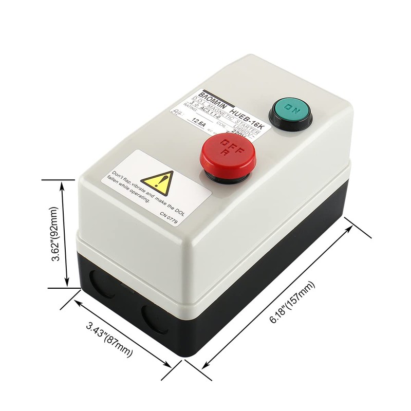 Baomain Magnetic Starter HUEB-16K AC 220V Coil 8.5A-10A-12.5A, 3-Pole Push