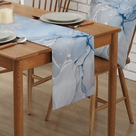 ZOE GARDEN Marble Table Runner 120 Inches Long - Ombre Blue Marble Grey Farmhouse Modern Kitchen Dining Burlap & Cotton Tablerunner for Small/Round/Square/Wedding/Coffee/Dining Table Party Home Décor