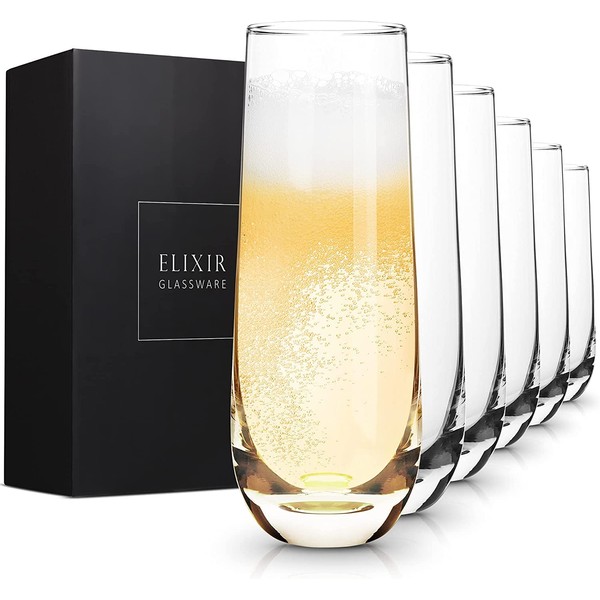 ELIXIR GLASSWARE Stemless Champagne Flutes - Crystal Glass Flutes, Hand Blown - Set of 6 Stemless Glasses, Premium Crystal - Gift for Bridal Shower, Wedding, Bachelorette Party - 8oz, Clear