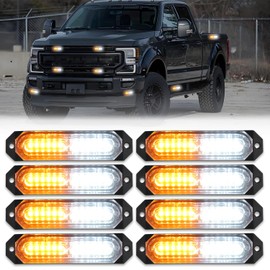 OFFKAT Sync Feature Ultra Slim 12-LED Surface Mount Flashing Strobe Lights for Truck, LED Mini Grille Light Head Emergency Beacon Hazard Warning Lights for Vehicle/Car/ATV/UTV (Amber & White), 8 PCS