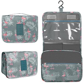 Hanging Toiletry Bag - Travel Portable Wash Bag Makeup Cosmetic Organizer for Women & Girls Waterproof Bathroom Shower Bag for Business Trip, Gym, Vacation & Household (Gray Flamingo)