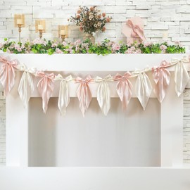VitalCozy 1 PCS White Pink Bow Garland Banner, Satin Ribbon Hanging Party Bow Garland Decoration for Birthday Baby Shower Wedding Party Supplies